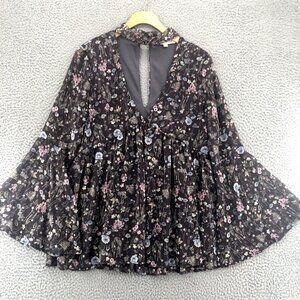 By Together Top Women Small Purple Floral Cutout V Neck Bell Sleeve Pleat Blouse